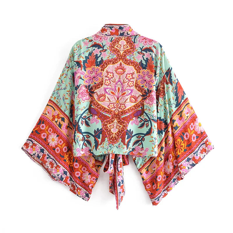 Boho Vintage Floral Print Beach Summer Short Kimono Women Fashion Ladies Casual V Neck Batwing Sleeves Bohemian Cover-ups