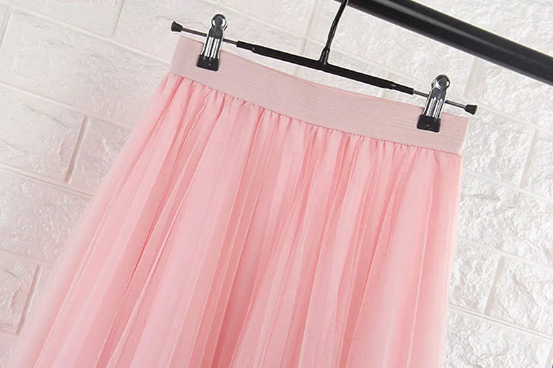 TingYiLi 4 Layers Tulle Skirts Womens Black Gray White Adult Tulle Skirt Elastic High Waist Pleated Midi Skirt