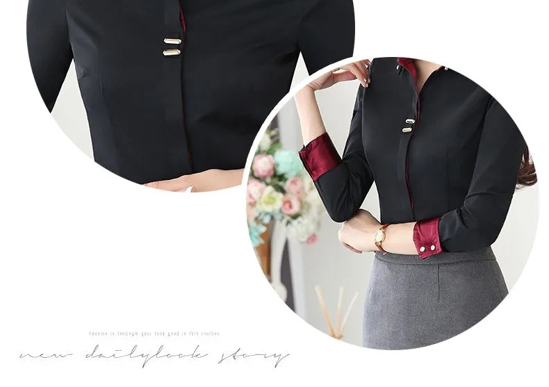 Fashion Clothes OL Women Long Sleeve Shirt Black White Slim Patchwork Sequined Cotton Blouse Office Ladies Formal Tops