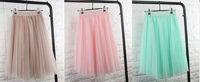 TingYiLi 4 Layers Tulle Skirts Womens Black Gray White Adult Tulle Skirt Elastic High Waist Pleated Midi Skirt