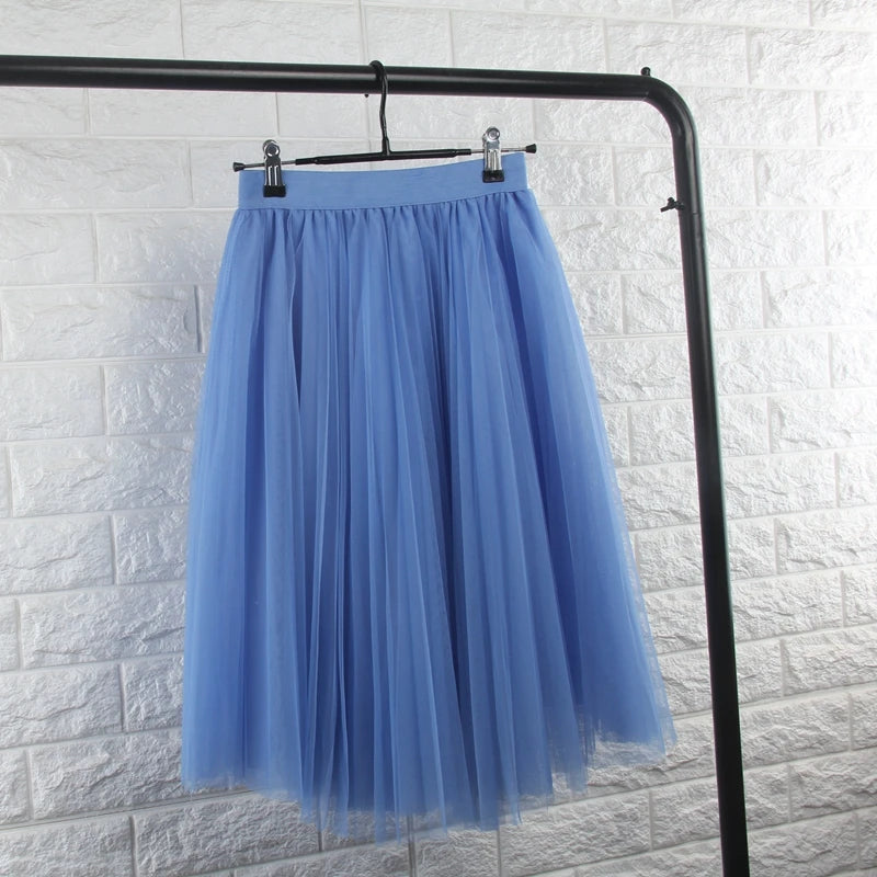 TingYiLi 4 Layers Tulle Skirts Womens Black Gray White Adult Tulle Skirt Elastic High Waist Pleated Midi Skirt