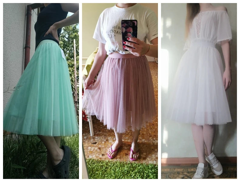 TingYiLi 4 Layers Tulle Skirts Womens Black Gray White Adult Tulle Skirt Elastic High Waist Pleated Midi Skirt