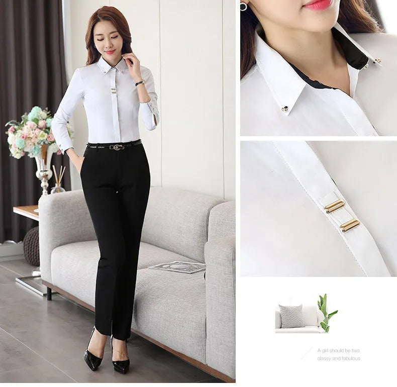 Fashion Clothes OL Women Long Sleeve Shirt Black White Slim Patchwork Sequined Cotton Blouse Office Ladies Formal Tops