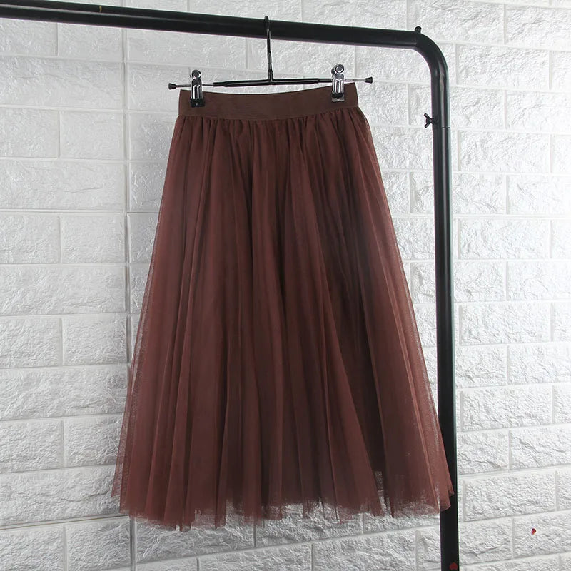TingYiLi 4 Layers Tulle Skirts Womens Black Gray White Adult Tulle Skirt Elastic High Waist Pleated Midi Skirt