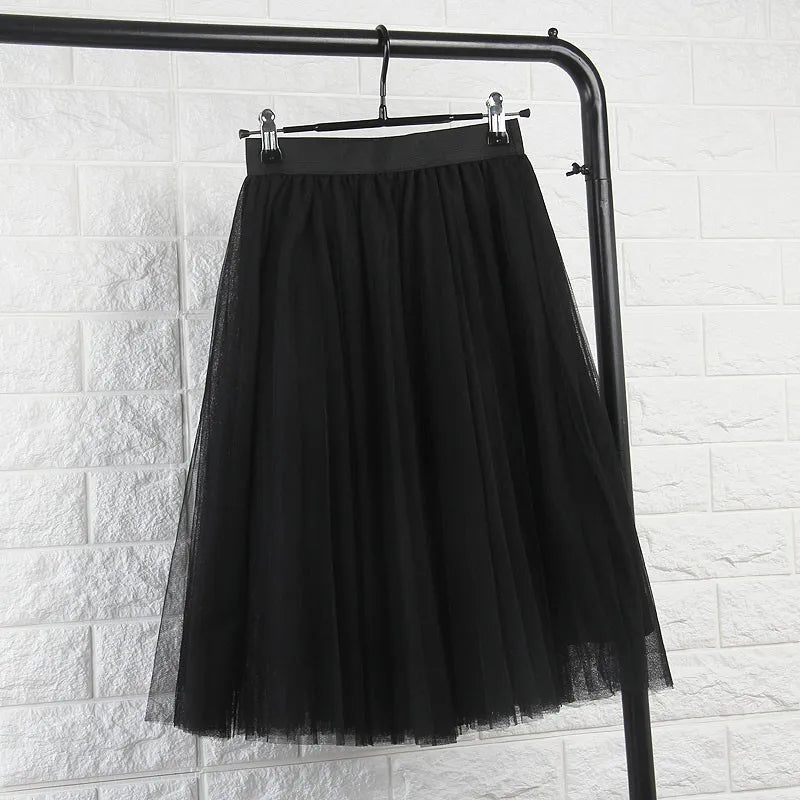 TingYiLi 4 Layers Tulle Skirts Womens Black Gray White Adult Tulle Skirt Elastic High Waist Pleated Midi Skirt