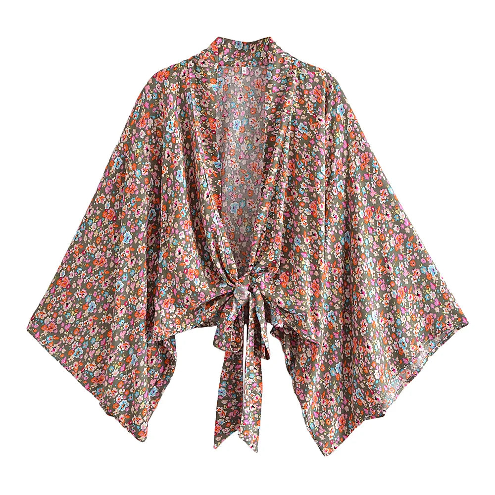 Boho Vintage Floral Print Beach Summer Short Kimono Women Fashion Ladies Casual V Neck Batwing Sleeves Bohemian Cover-ups