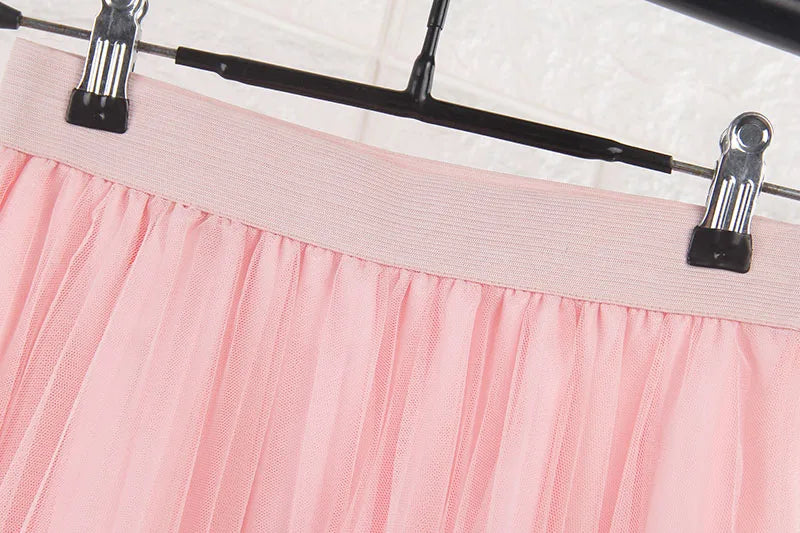 TingYiLi 4 Layers Tulle Skirts Womens Black Gray White Adult Tulle Skirt Elastic High Waist Pleated Midi Skirt