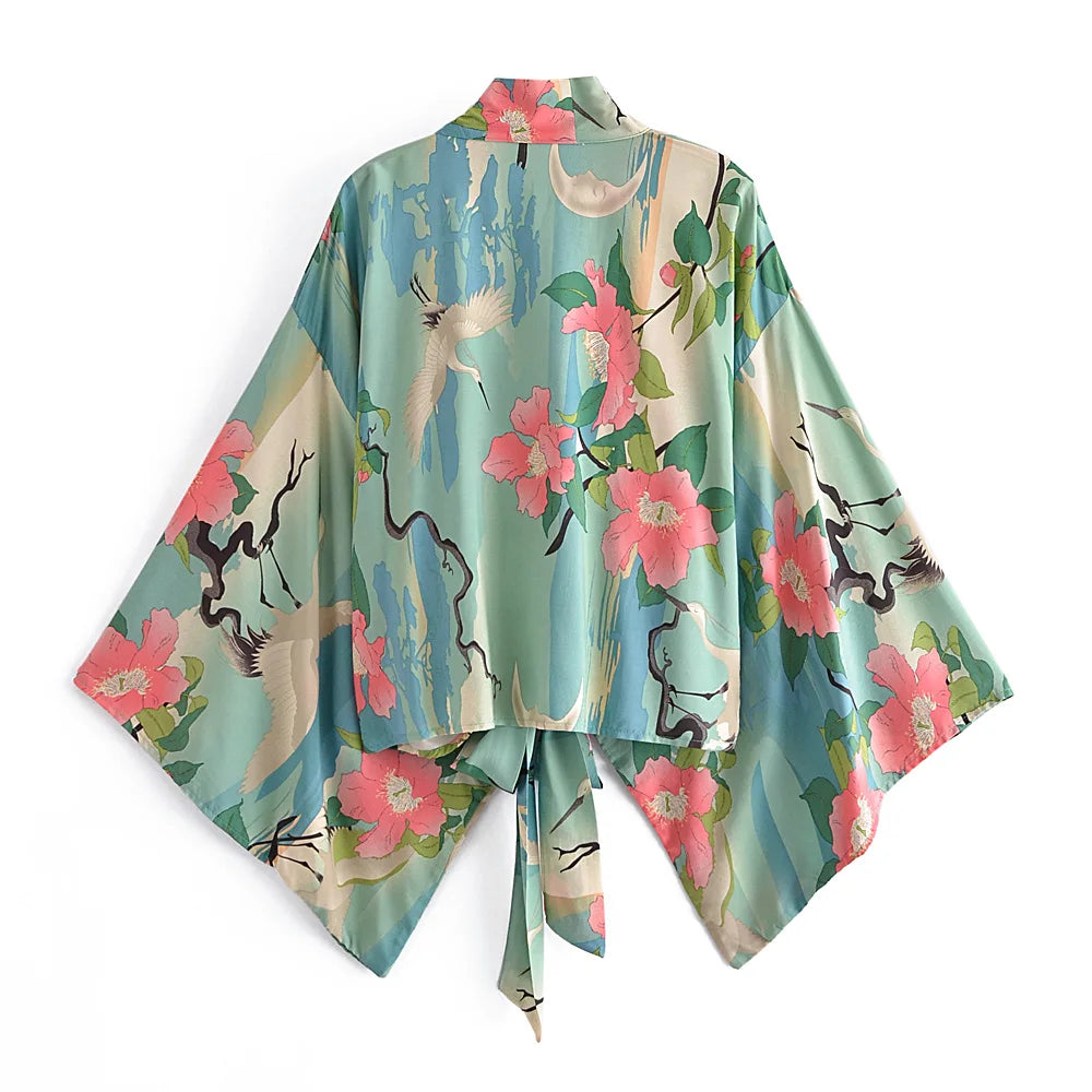 Boho Vintage Floral Print Beach Summer Short Kimono Women Fashion Ladies Casual V Neck Batwing Sleeves Bohemian Cover-ups