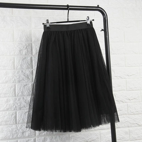 TingYiLi 4 Layers Tulle Skirts Womens Black Gray White Adult Tulle Skirt Elastic High Waist Pleated Midi Skirt