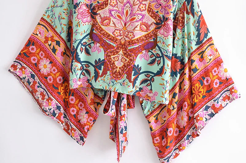 Boho Vintage Floral Print Beach Summer Short Kimono Women Fashion Ladies Casual V Neck Batwing Sleeves Bohemian Cover-ups