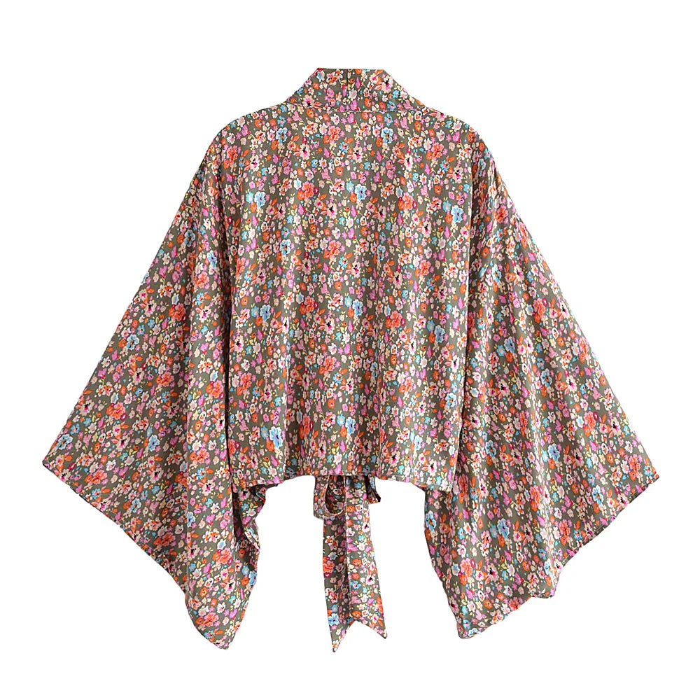 Boho Vintage Floral Print Beach Summer Short Kimono Women Fashion Ladies Casual V Neck Batwing Sleeves Bohemian Cover-ups