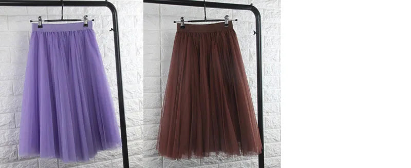 TingYiLi 4 Layers Tulle Skirts Womens Black Gray White Adult Tulle Skirt Elastic High Waist Pleated Midi Skirt