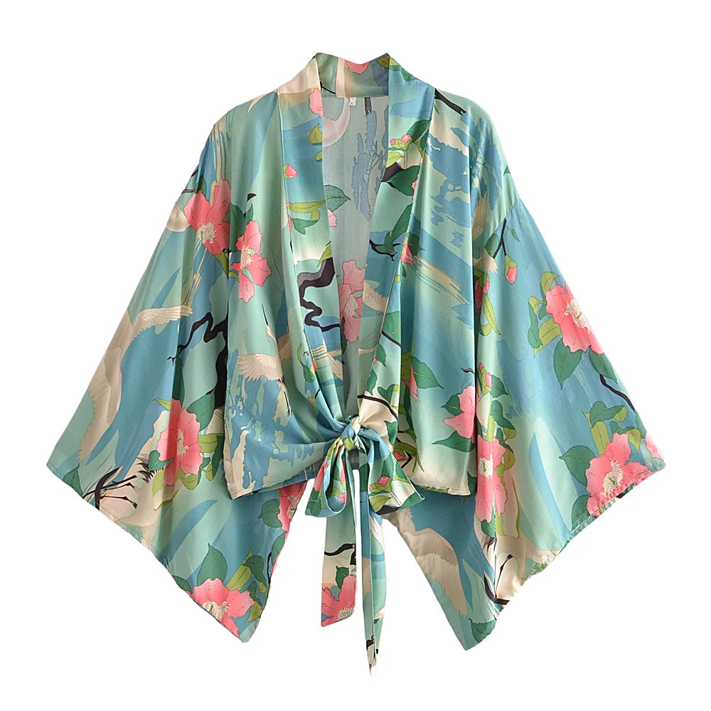 Boho Vintage Floral Print Beach Summer Short Kimono Women Fashion Ladies Casual V Neck Batwing Sleeves Bohemian Cover-ups