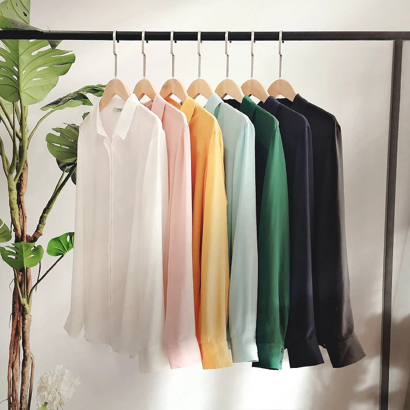 SuyaDream Women Silk Dress Shirts 100% REAL SILK Solid Long Sleeved Button Chic Blouses 2025 Spring Summer Office Lady Top White