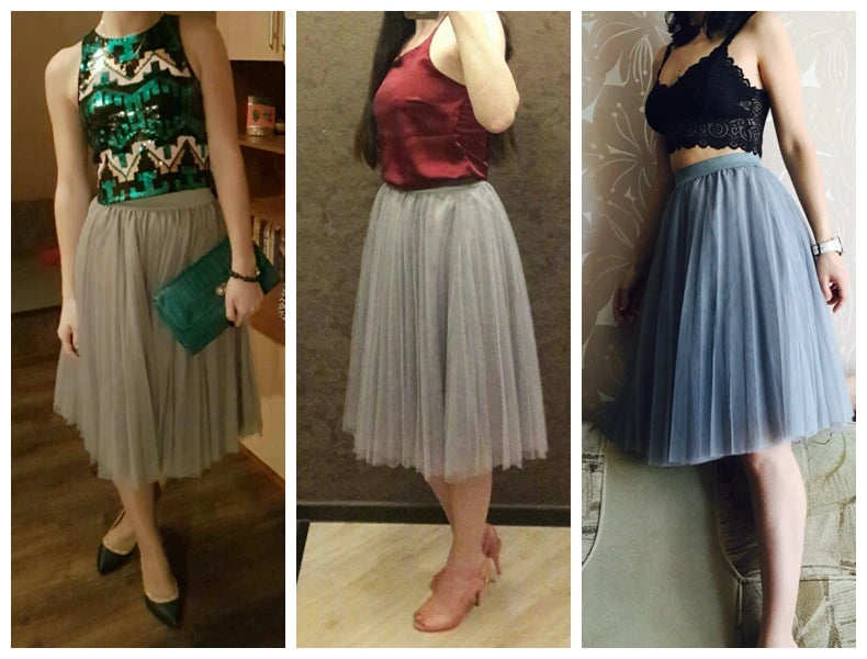 TingYiLi 4 Layers Tulle Skirts Womens Black Gray White Adult Tulle Skirt Elastic High Waist Pleated Midi Skirt