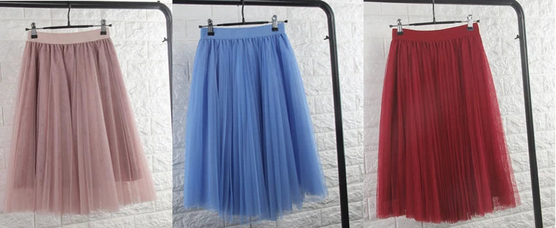 TingYiLi 4 Layers Tulle Skirts Womens Black Gray White Adult Tulle Skirt Elastic High Waist Pleated Midi Skirt