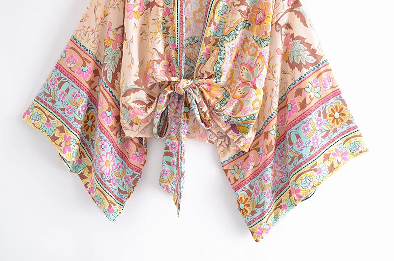 Boho Vintage Floral Print Beach Summer Short Kimono Women Fashion Ladies Casual V Neck Batwing Sleeves Bohemian Cover-ups