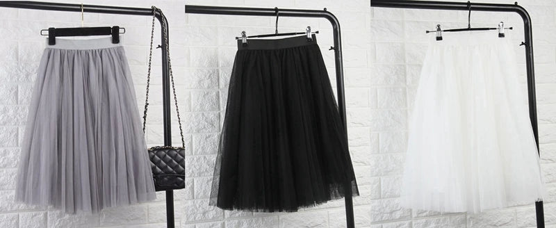 TingYiLi 4 Layers Tulle Skirts Womens Black Gray White Adult Tulle Skirt Elastic High Waist Pleated Midi Skirt