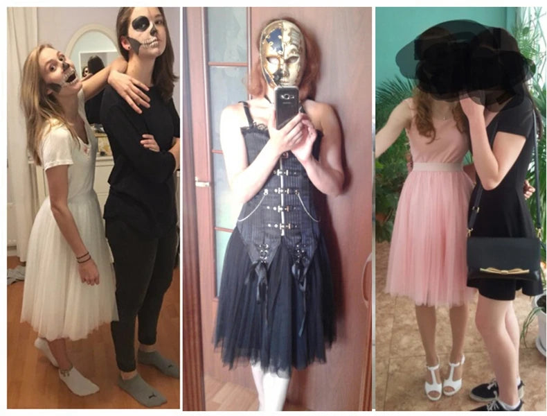 TingYiLi 4 Layers Tulle Skirts Womens Black Gray White Adult Tulle Skirt Elastic High Waist Pleated Midi Skirt