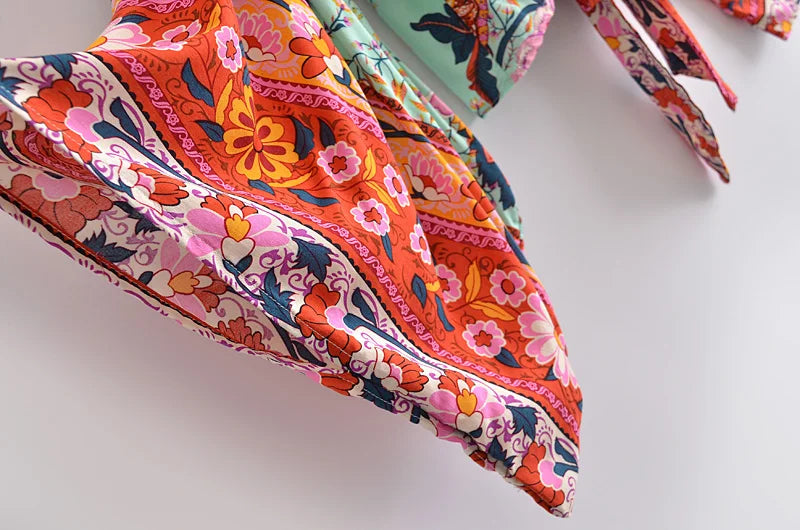 Happie Queens Floral Print Sashes Short  Kimono Women Fashion V Neck Batwing Sleeves Robe Lady Boho Bikini Cover-ups