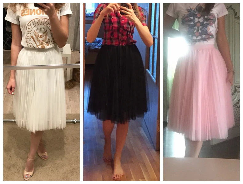 TingYiLi 4 Layers Tulle Skirts Womens Black Gray White Adult Tulle Skirt Elastic High Waist Pleated Midi Skirt