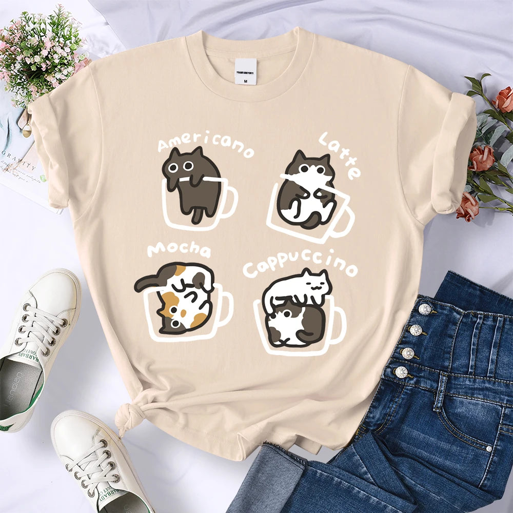 Cat Coffee Art Letter Printed T-Shirts Women Breathable O-Neck Tee Shirts Loose Short Sleeve Soft Street Casual Clothes Female