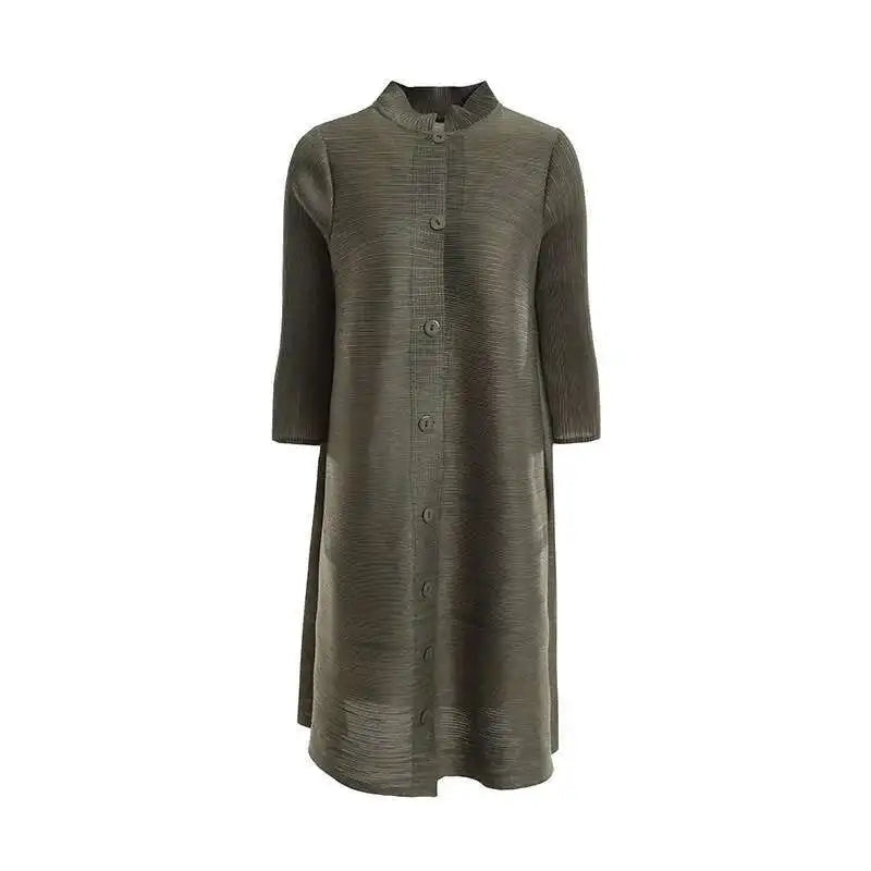 LANMREM Women  Pleated Single Breasted Dress New Stand Theree Quarter Sleeve  Fashion Tide Spring 2025 2F0095