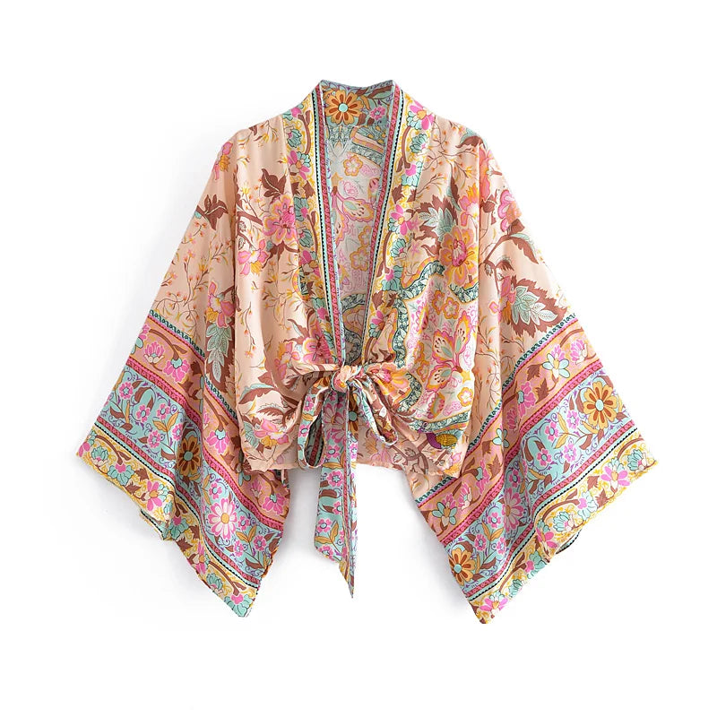 Boho Vintage Floral Print Beach Summer Short Kimono Women Fashion Ladies Casual V Neck Batwing Sleeves Bohemian Cover-ups