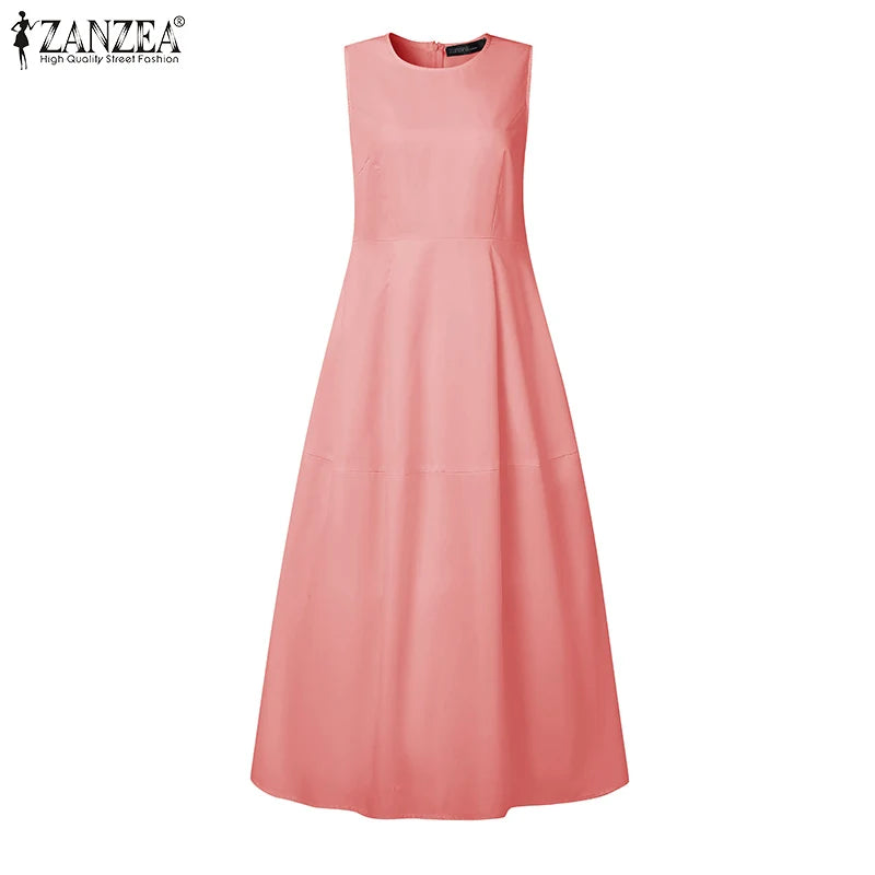 ZANZEA Elegant Women Dresses 2025 Summer Sleeveless Work OL Sundress Stylish Solid Party Dresses Casual O Neck Midi Vestidos