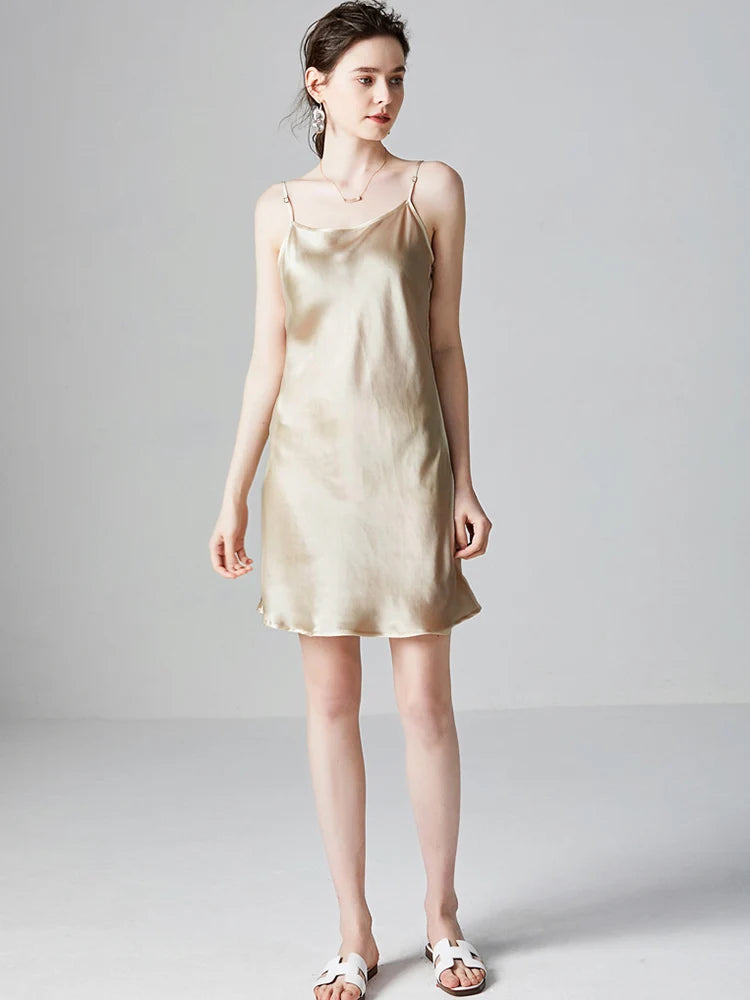 SuyaDream Woman Mini Dress 19mm 100%Real Silk Sleeveless Solid Spaghetti Strap Sleep Dresses 2025 Elegant Chic Clothes