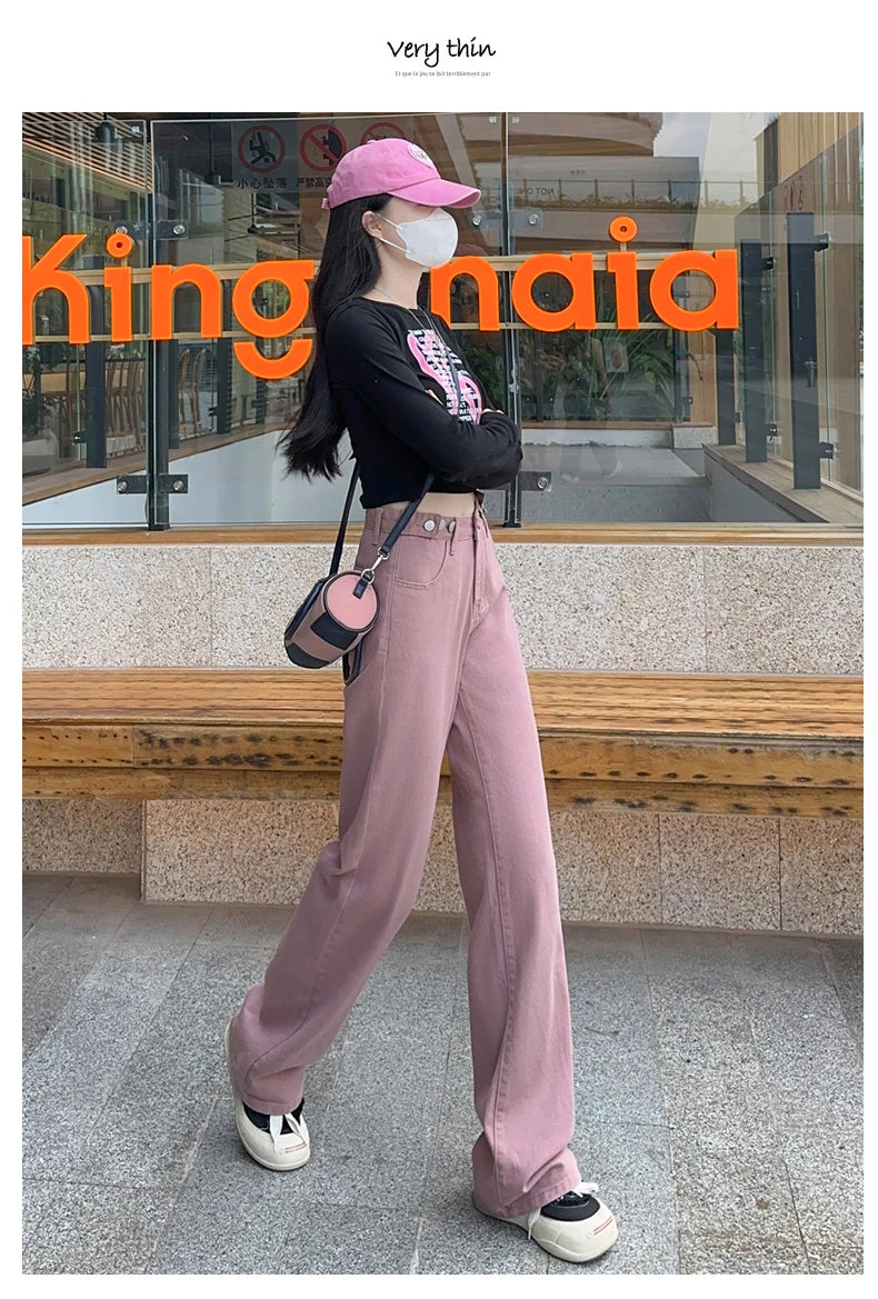 OUSSYU Women Jeans High Waist Wide Leg Loose Straight Adjustable  Waist Denim Pants Vintage Quality Fashion Korea Trousers