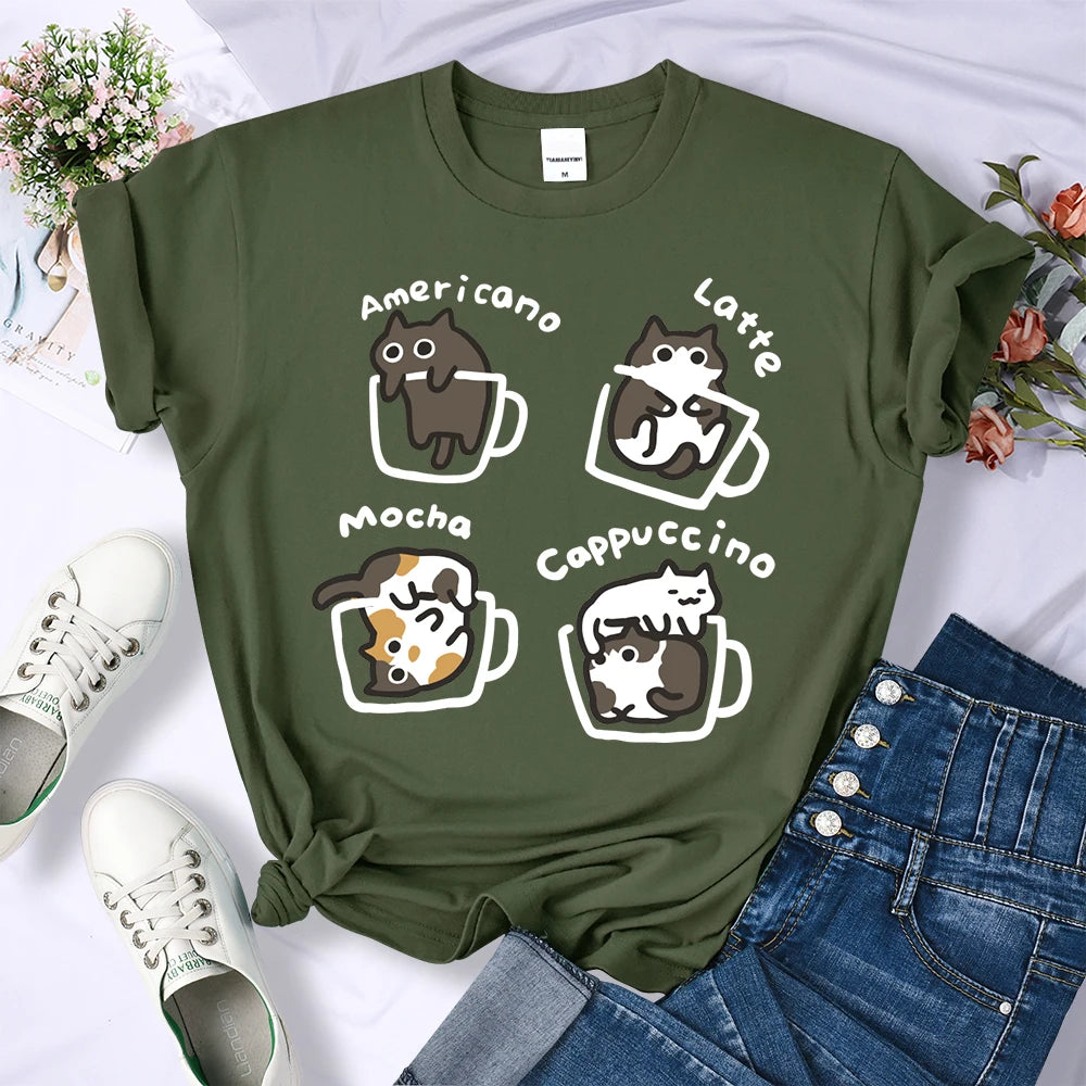 Cat Coffee Art Letter Printed T-Shirts Women Breathable O-Neck Tee Shirts Loose Short Sleeve Soft Street Casual Clothes Female
