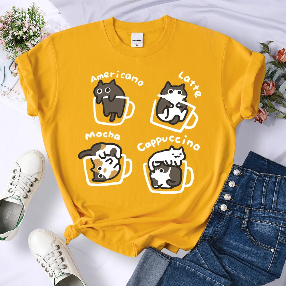 Cat Coffee Art Letter Printed T-Shirts Women Breathable O-Neck Tee Shirts Loose Short Sleeve Soft Street Casual Clothes Female