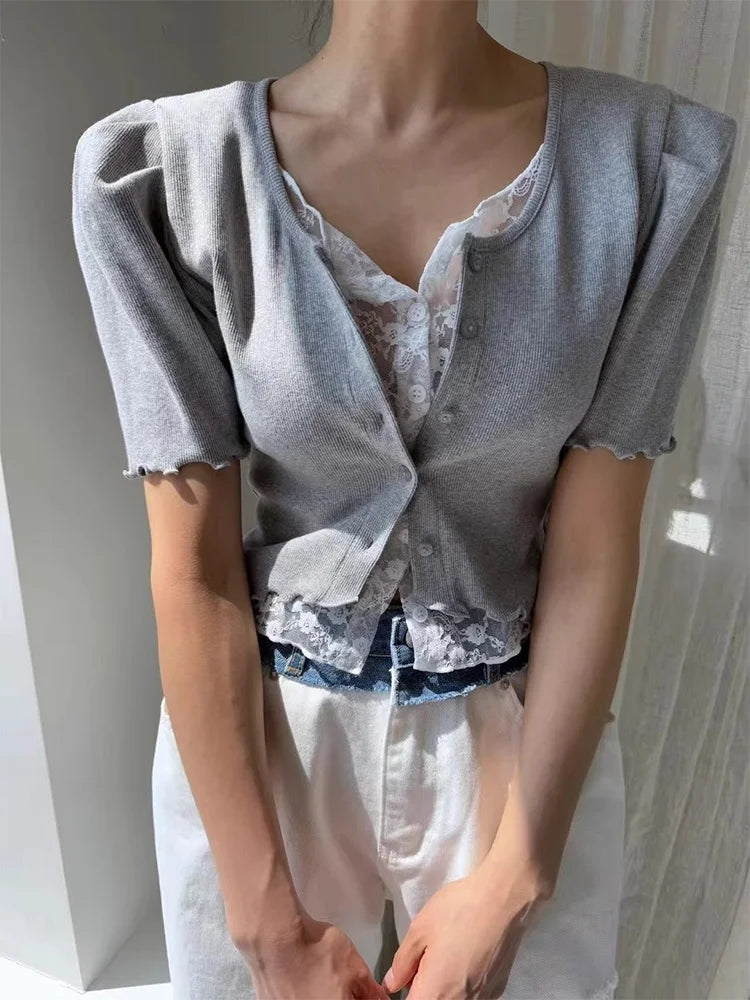 Liliang Lace Splicing Fake Two-Piece Knitted Top Women Summer New Vintage Earlet Lace Trim ort Sve Loose Fit Cardigan