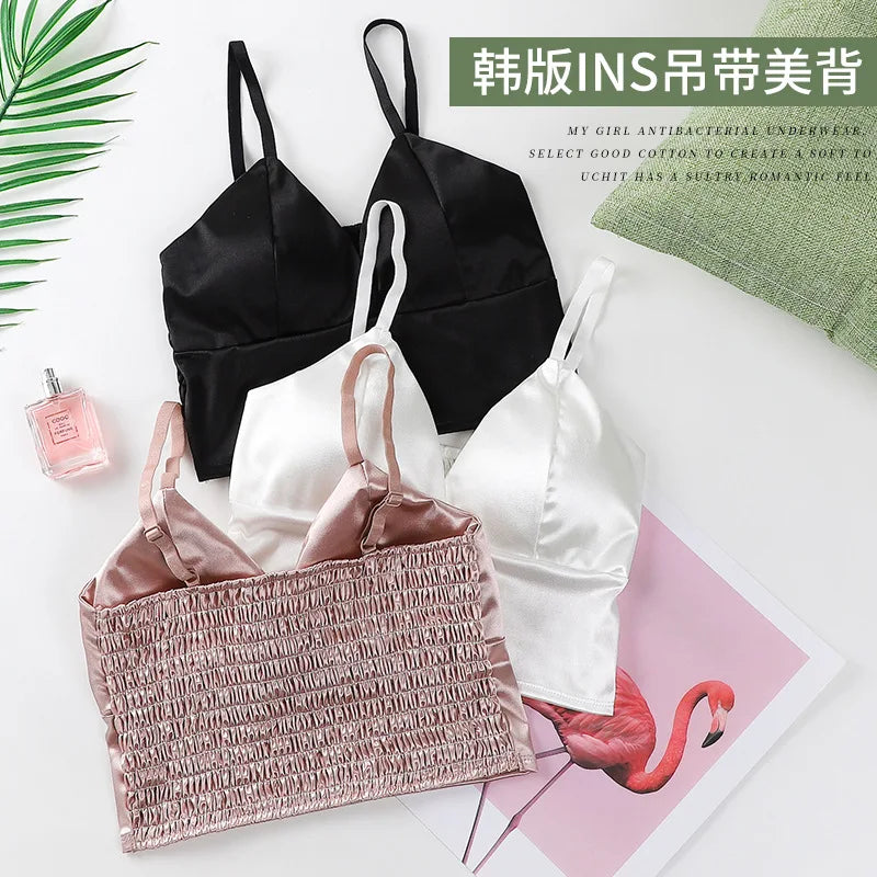 Sexy Satin Crop Tops Women Wireless Bralette Crochet Top Female Spaghetti Strap T-shirt Cropped With Chest Padded Camisole Camis