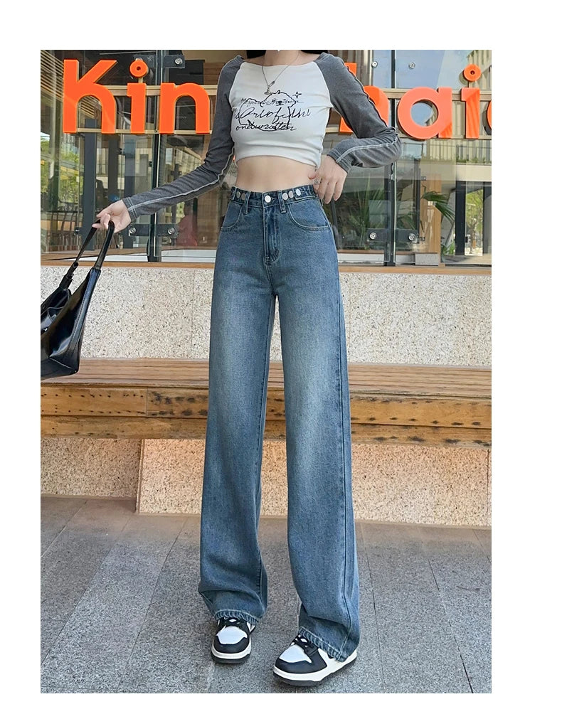 OUSSYU Women Jeans High Waist Wide Leg Loose Straight Adjustable  Waist Denim Pants Vintage Quality Fashion Korea Trousers