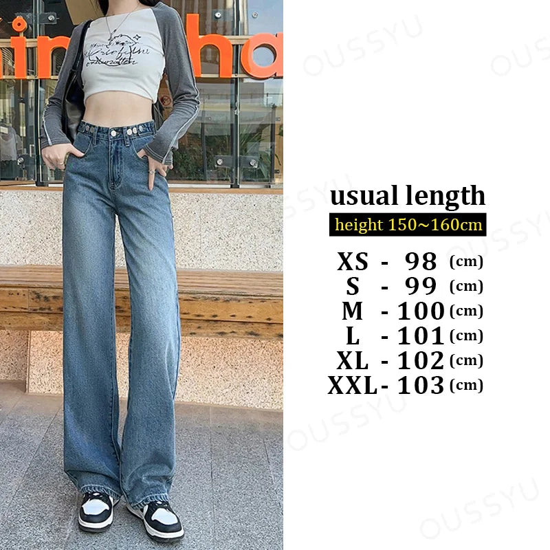 OUSSYU Women Jeans High Waist Wide Leg Loose Straight Adjustable  Waist Denim Pants Vintage Quality Fashion Korea Trousers
