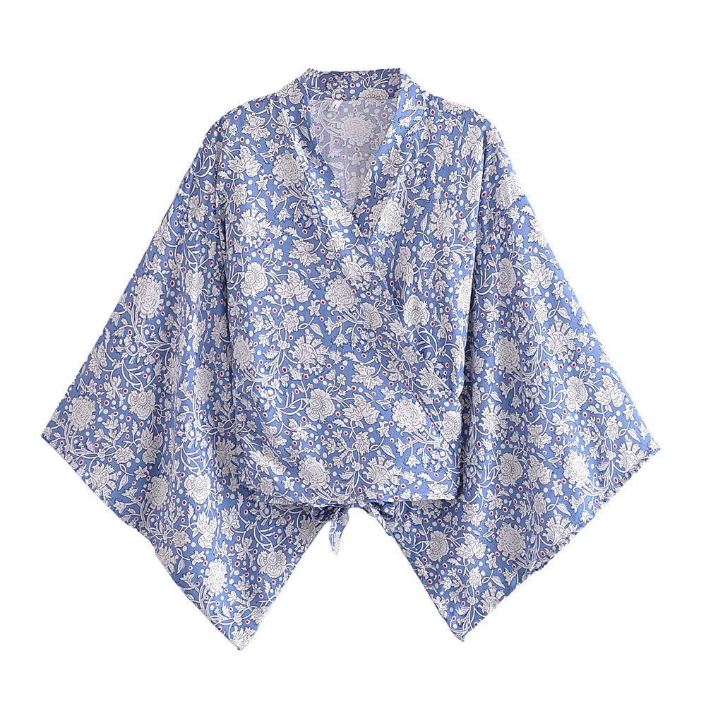 Boho Vintage Floral Print Beach Summer Short Kimono Women Fashion Ladies Casual V Neck Batwing Sleeves Bohemian Cover-ups