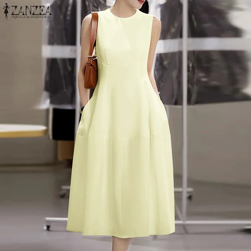 ZANZEA Elegant Women Dresses 2025 Summer Sleeveless Work OL Sundress Stylish Solid Party Dresses Casual O Neck Midi Vestidos