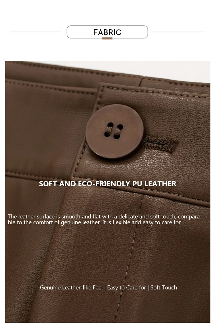 AMII Minimalist Casual Pants for Women 2025 Autumn Clothing PU Leather Loose Straight Pants Slit Office Lady Trousers 12343250