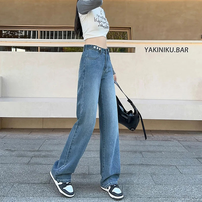 OUSSYU Women Jeans High Waist Wide Leg Loose Straight Adjustable  Waist Denim Pants Vintage Quality Fashion Korea Trousers