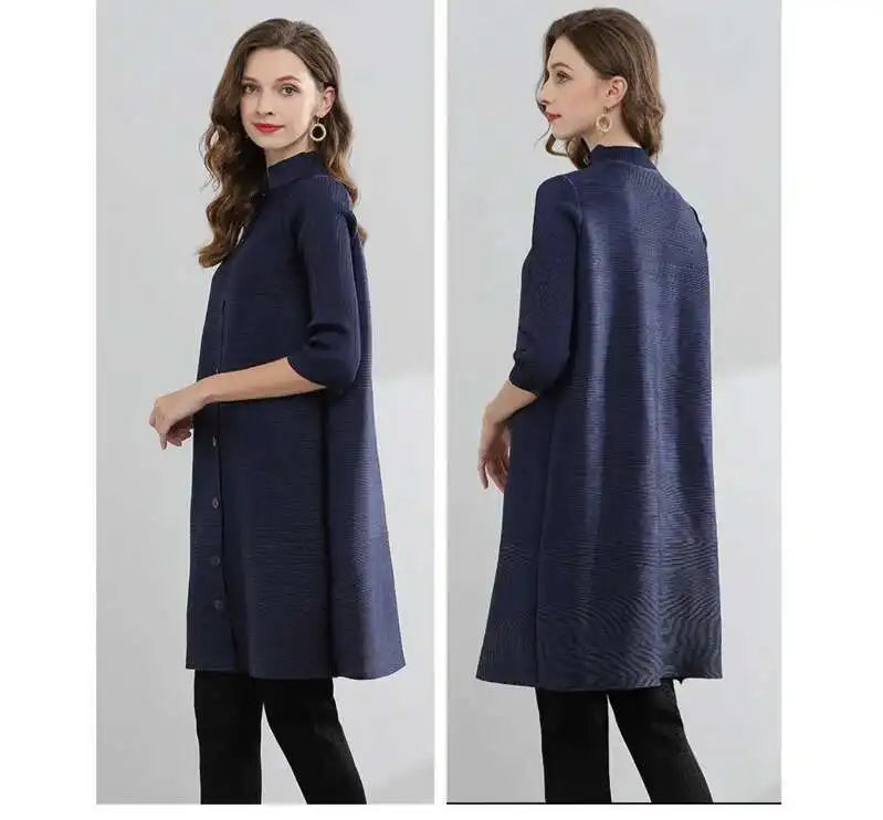 LANMREM Women  Pleated Single Breasted Dress New Stand Theree Quarter Sleeve  Fashion Tide Spring 2025 2F0095