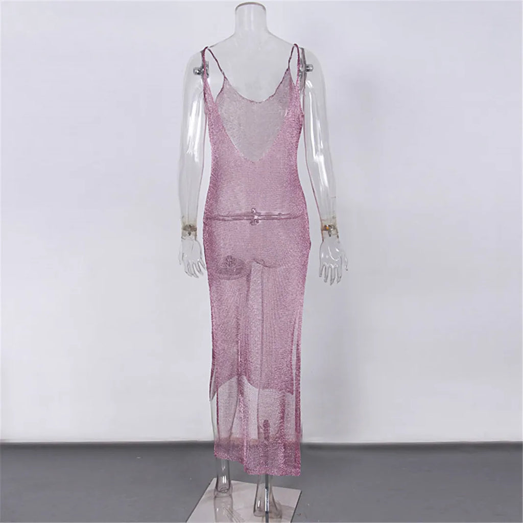 Sexy Sheer Net Mesh Knitted Glitter Tunic Beach Cover Up Cover-ups Long Beach Dress Beach Wear Beachwear Female Women Robe V651