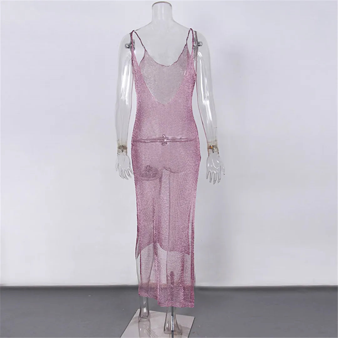 Sexy Sheer Net Mesh Knitted Glitter Tunic Beach Cover Up Cover-ups Long Beach Dress Beach Wear Beachwear Female Women Robe V651