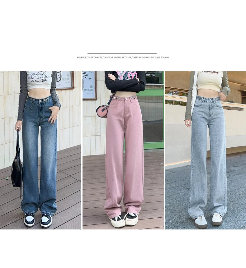 OUSSYU Women Jeans High Waist Wide Leg Loose Straight Adjustable  Waist Denim Pants Vintage Quality Fashion Korea Trousers