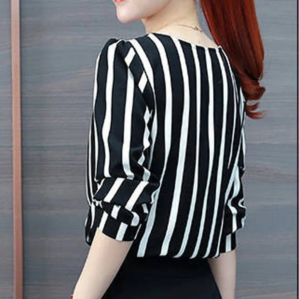 Business Tops Shirts Women Fashion Leisure Three Quarter Sleeve V Neck Blouse Stripe Print Women's Lace Slimming T Shirts