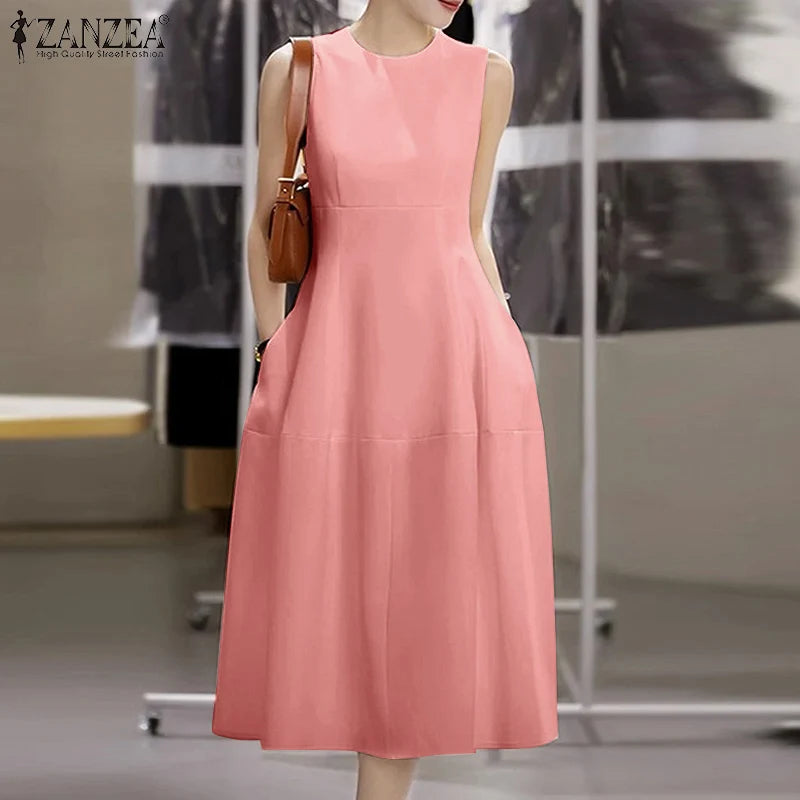 ZANZEA Elegant Women Dresses 2025 Summer Sleeveless Work OL Sundress Stylish Solid Party Dresses Casual O Neck Midi Vestidos