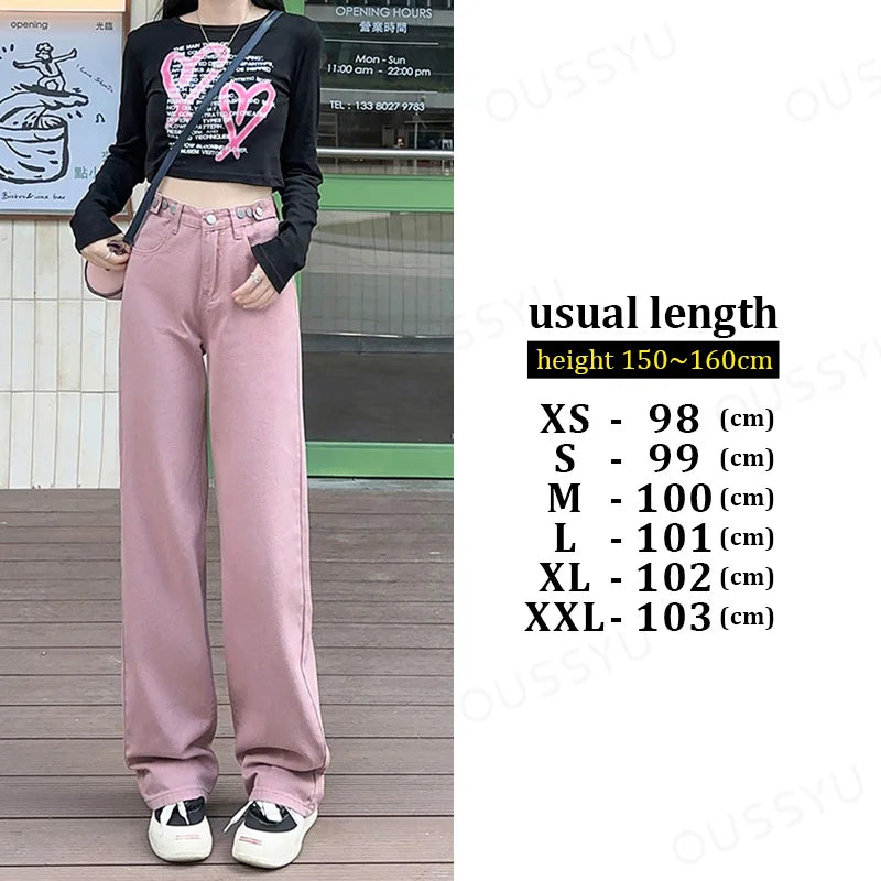 OUSSYU Women Jeans High Waist Wide Leg Loose Straight Adjustable  Waist Denim Pants Vintage Quality Fashion Korea Trousers