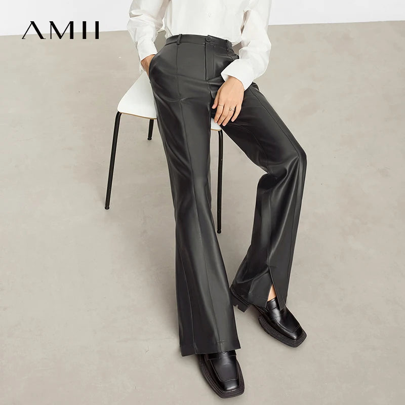 AMII Minimalist Casual Pants for Women 2025 Autumn Clothing PU Leather Loose Straight Pants Slit Office Lady Trousers 12343250