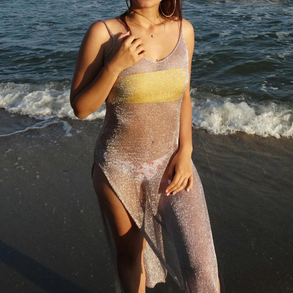Sexy Sheer Net Mesh Knitted Glitter Tunic Beach Cover Up Cover-ups Long Beach Dress Beach Wear Beachwear Female Women Robe V651
